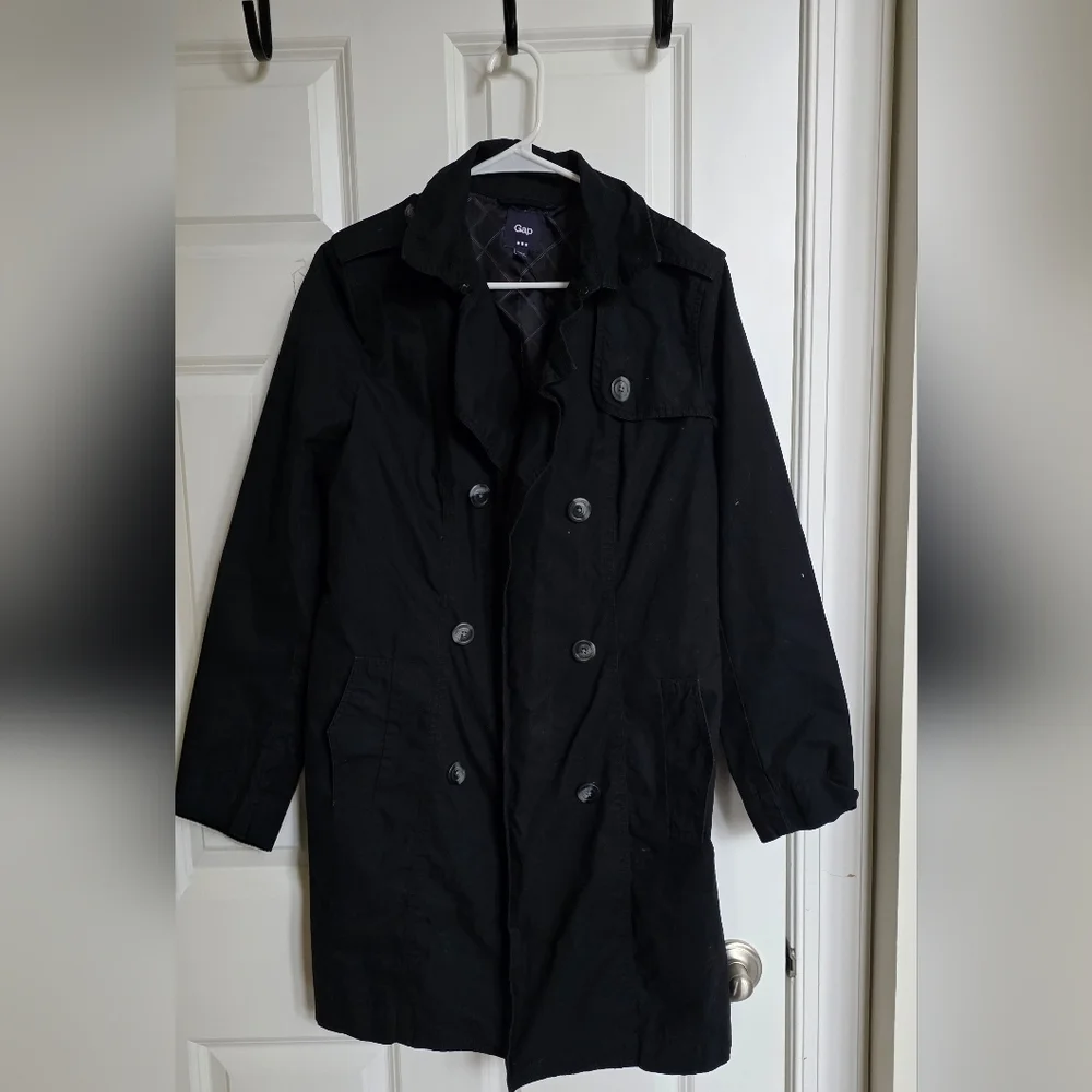 Gap Black Double Breasted Trench Coat Mid Length Lightweight Classic Chic Small